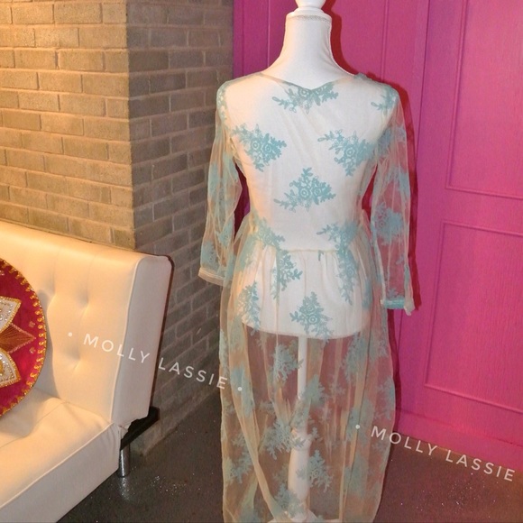MESH COVERUP LACE AQUA BLUE FLORAL MAXI DRESS - Picture 2 of 3